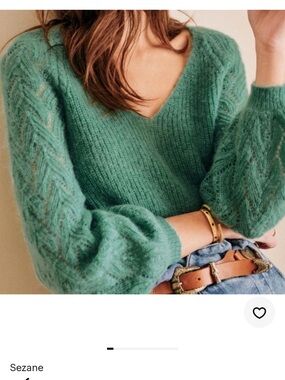 Sezane Green V-Neck Open knit Balloon Sleeve Sweater XS